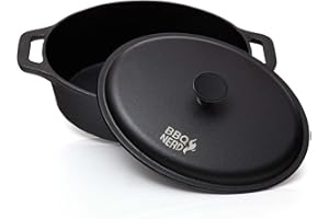 BBQ NERD BBQ-Nerd© - Cacerola con tapa (ovalada, 33 x 26 cm) de hierro fundido 6,4 L | Cacerola de hierro fundido | Cocotte para cocción lenta - estufa, horno y parrilla