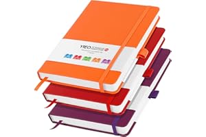 YIEO A5 Notebook, 3 Pack Notebook A5 200 Lined Pages 80GSM Journal Notebook Pu Leather Hardback Notepad with Elastic Loop, Pen Loop and Expandable Paper Pocket (Red, Purple, Orange)