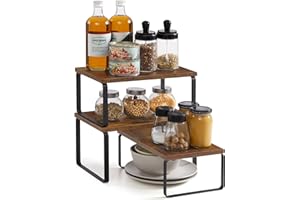 SONGMICS Estante para Especias, Juego de 3, Organizador de Armario, Apilables, Especieros Extensibles, Metal y Madera de Ingeniería, Marrón Rústico y Negro Mate KCS220K02