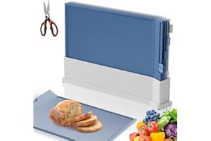 Midyb Deski do krojenia, zestaw 4 szt., ze stojakiem, 34 x 21,5 cm, deska do krojenia z tworzywa sztucznego, z rowkiem na sok i uchwytem, do owoców, warzyw, mięsa, ryb, nadaje się do mycia w zmywarce