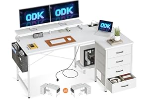 ‎ODK ODK Eckschreibtisch mit 4 Stoff Schubladen, 140x80cm Schreibtisch L Form Reversibler mit USB-Ladeanschluss&Steckdose, Eckschreibtisch mit Stauraum mit Monitorständer Gaming Tisch für Homeoffice, Weiß