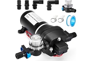 Gedlex Bomba de Agua 12V Camper, 20,8 LPM Bombas de Presion de Agua con Filtro, Presión Trabajo 40PSI, Máxima 70PSI, Potencia 180W, Corriente 12A, Bomba Agua para Caravanas, Barcos, Riego de Jardín