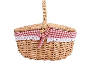 Handflätad Picknickkorg, Avtagbart Linnebomullsfoder, Dubbellock för | Naturlig flätad konstruktion, elegant spetskantat foder, högt rundat handtag, rymlig för grönsaksplockning