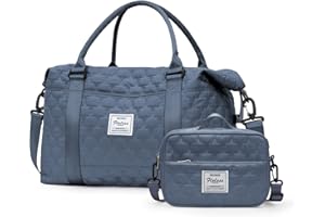 SEAFEW Bolsa de Deporte para Gimnasio para Mujer, Bolsa de Viaje, Bolsa Equipaje de Mano 55x40x20, Bolsa de Fin de Semana, Deporte Nocturno Duffle con Bolsa de Baño, D7-Azul Gris (con Neceser)
