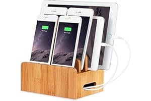 XPHONEW Bureau en Bois de Bambou Cordons Multi-appareils Support Organisateur et Station de Charge Chargeur Docks Support de Berceau pour iPhone iPad Samsung Huawei OnePlus LG Sony Smartphones et Tablets
