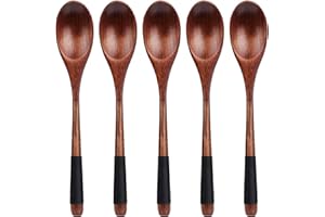 Coolty Lot de 5 Cuillère à Soupe en Bois, Cuillère à Riz Coréenne Japonaise à Long Manche, Ustensiles de Cuisine pour Mélanger Le Remuage
