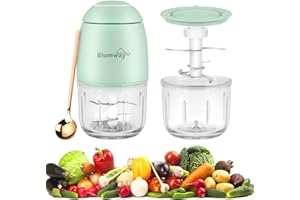‎BLUMWAY BlumWay 300ML Elektrischer Mini Food Chopper, 60W Kabelloser Knoblauchpressenhacker, Knoblauchmixer für Gemüse, Obst, Zwiebeln, Chili, Fleisch, Salat, Babynahrung, Glasbehälter (Grün)