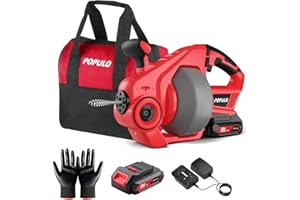 POPULO 18V(20V Max) Trivella di scarico elettrica, 25Ft Utensili per la rimozione di zoccoli di scarico a serpente per impianti idraulici, Pulitore di scarico senza fili per WC, fogna, bagno