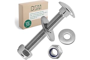 DSM – Schlossschrauben M8 x 60 mm nach DIN 603 – M8 Sicherungsmutter DIN 985 & Unterlegscheibe DIN 9021 – Edelstahl A2/V2A – Flachrundkopfschrauben mit Vierkantansatz – Stoppmuttern – 25 Stück