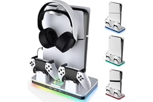 Yaskyly PS5/Slim/Pro Stand for Disc & Digital Console, PS5 Cooling Station with Controller Charging Station for PlayStation 5, PS5 Accessories, USB HUB 3.0, 2-Level Fan, RGB LED Light, Headset Holder