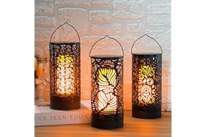 TRIROCKS LED Flame Effect Light, Battery Operated Breathing Lamp, Floral Hollow Design Lantern Set with Timer, 3-Pack Iron Decorative Lighting for Indoor Outdoor Patio Garden Yard