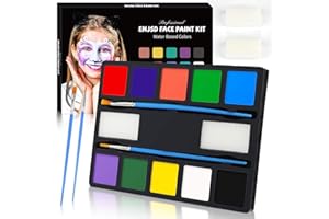 ENJSD Face Paint 14 PCS, Face Paint for Kids and Adults, Water Based Non-Toxic 10 Vivid Colors, 2 Brushes & Sponges, Easily Washable Safe Body Painting for Halloween Makeup and Cosplay