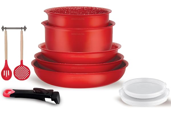 Arthur Martin, AMR41, Batterie de cuisine 10 pièces en aluminium avec revêtement adhérent, poêles 20-22-26 cm, casseroles 16-18 cm, couvercle hermétique, 2 ustensiles, Rouge
