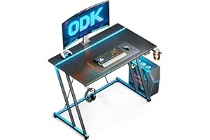 ODK Scrivania Gaming con LED, 80 × 50 cm Tavolo Gaming con Portabicchieri e Gancio per Cuffie, Scrivania Computer con Design a Doppia Z Fibra di Carbonio Nera