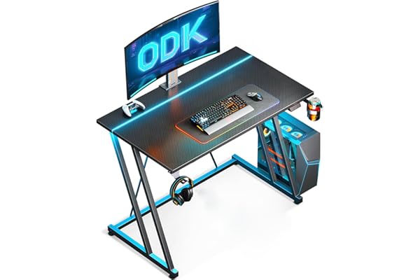 ODK Bureau Gaming LED, 80 x 50 cm Bureau Gamer, Table Gaming avec Porte-Gobelet et Crochet pour Casque D'écoute, Fibre de Carbone Noir
