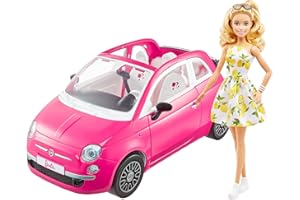 Barbie Fiat 500 Pojazd 4-osobowy i lalka Barbie w ubranku + akcesoria, prezent dla dzieci od 3 do 7 lat, HGV03