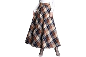 ebossy - Falda larga de cintura alta vintage para mujer, lana mezclada, a cuadros, acampanada, con bolsillo