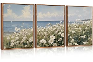 HPNIUB Farmhouse Floral Wall Art Framed Coastal Wildflower Wall Decor Flower Painting Set of 3 for Living Room Bedroom Dining Room 30x40cm