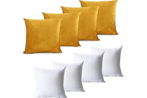 Hafaa Velvet Cushions with Covers Included Set of 8 (4 Ochre Cushion Covers, 4 Cushion Inserts 45cm x 45cm) Luxury Decorative Fluffy Square Throw Pillow Case Sofa Cushion with Invisible Zipper