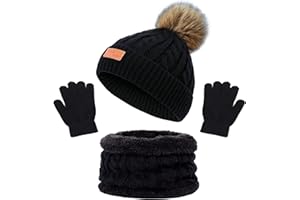 beifon Kids Winter Warm Beanie Hat Scarf Gloves Set Thermal Knit Crochet Thick Fluffy Toddler Cap Pom Pom Bobble Hat with Faux Fur for Girls Boys Children Aged 3-8