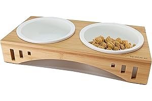 TIN DREAMS FACTORY NORDICAT Comedero y Bebedero Gato con Soporte Elevado, Doble Cuenco Ceramica y Bambu Extraible Antideslizante, Accesorios en Madera Nordicat Ideal para Gatos o Perros Pequeños