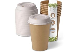 BIOZOYG Gobelets jetables biodégradables avec couvercle en carton I Gobelets en papier avec revêtement de peinture à base d'eau I 50 pièces café à emporter gobelets marrons non blanchi 300ml 12oz
