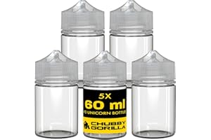 COPACKR Chubby Gorilla V3 60 ml Stubby PET-Kunststoff-Einhorn-Flaschen für Flüssigkeiten und Öle – leere Tropfflaschen – 5 x 60 ml (transparente Flasche mit transparente Kappe)