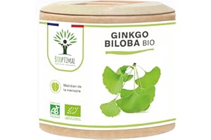 BIOPTIMAL NUTRITION NATURELLE Ginkgo Biloba bio - Bioptimal - Complément alimentaire - Mémoire Concentration Circulation Vertige - Poudre de Feuille Pure - 250 mg par Gélule - Fabriqué en France - Certifié par Ecocert - 60 gélules