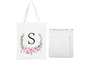 JNSMFC Floral Initial Canvas Tote Bag for Women,Personalized Letter Aesthetic Tote Bag with Zipper and Pocket