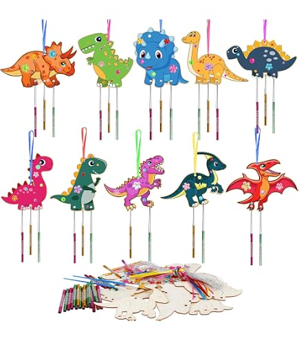 VINEST Dino-Bastelset – 12 Holzdinosaurier Mit Farben & Glitzersteinen, Für Kindergeburtstage