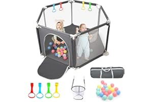 CHOLY Baby Playpen for Baby and Toddlers, Sturdy Six Sides Play Pen with Breathable Mesh, Kids Activity Play Fence for Indoor Outdoor with Travel Bag(Dark Grey)