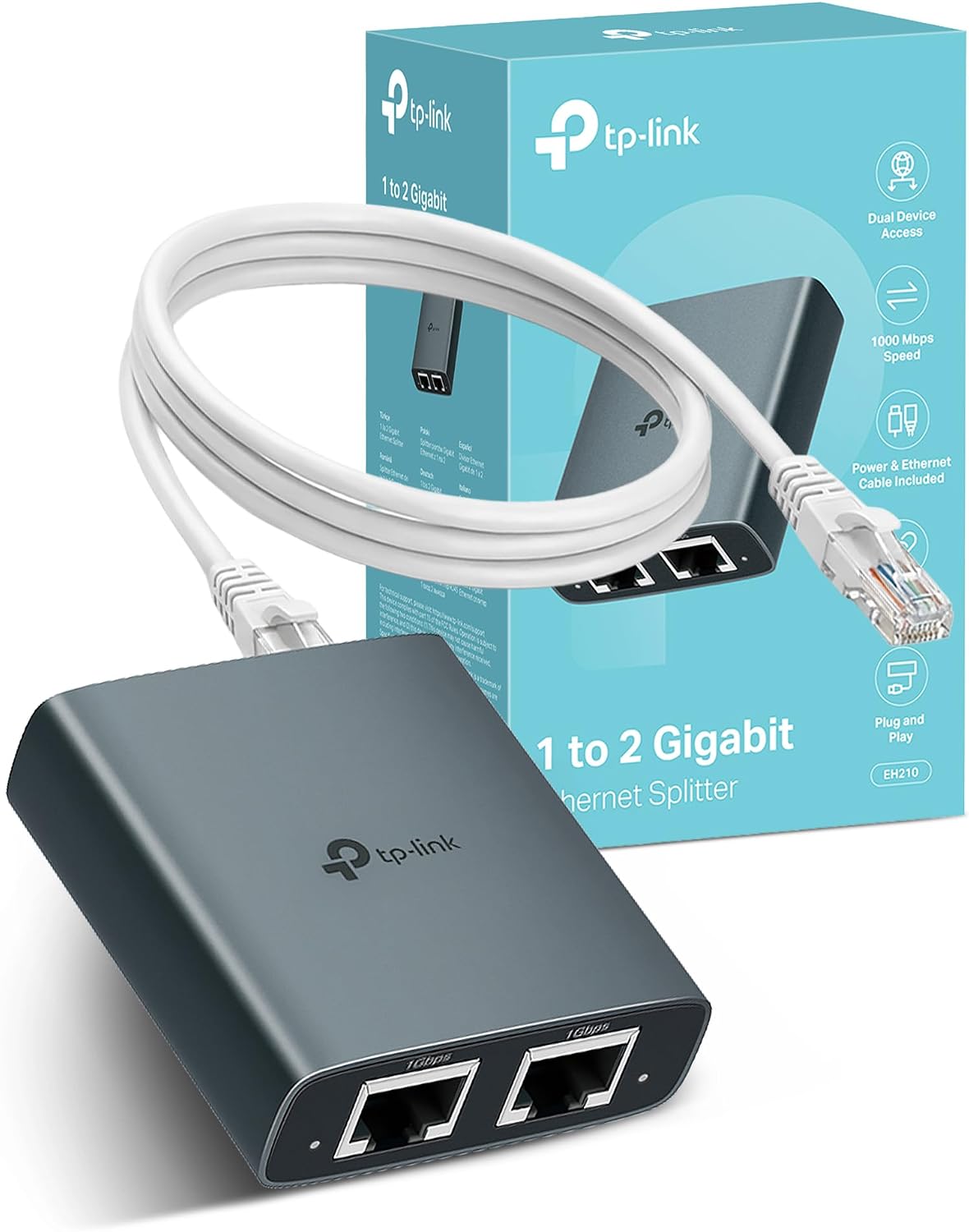 TP-Link EH210 Ethernet Splitter,1 to 2 Gigabit Network Switch,1000Mbps High-Speed Ethernet Switch,Plug and Play,LAN RJ45 Internet Splitter with Ethernet/USB Cable for Router,Laptop/PC,TV,Xbox
