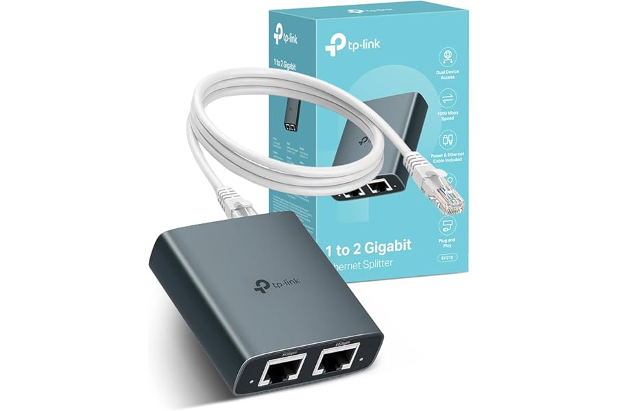 TP-Link EH210 Ethernet Splitter,1 to 2 Gigabit Network Switch,1000Mbps High-Speed Ethernet Switch,Plug and Play,LAN RJ45 Internet Splitter with Ethernet/USB Cable for Router,Laptop/PC,TV,Xbox