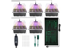 NAMOTEK 5 Pack Seed Starter Tray with Heat Mat and Grow Light Humidity Domes, 60 Cell Trays Germination Station Cloning Kit heated propagator for seeds