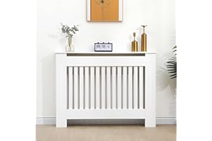 Vivo Technologies Radiator Cover White Modern Horizontal Slats, Medium Radiator Cover Grill Shelf Cabinet MDF Wood Decorative Heater Cover,White, W 112 x H 82 x D 19 cm