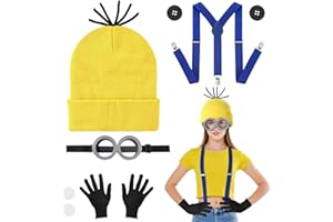 Hifot 5 PCS Jaune Deguisement Halloween Adultes Enfants, Bonnet Jaune Lunettes Goggles Gants Noirs Boutons Bretelles, Accessoires Deguisement Film Drole pour Fête de Halloween Carnaval Cosplay