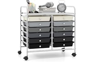‎GIANTEX GIANTEX Rollwagen mit 12 stapelbaren Schubladen, Schubladenwagen mit Rollen & Arbeitsplatte, Badrollwagen für Wohnzimmer, Küchen, Schlafzimmer & Büros, 64 x 38 x 62 cm (Schwarz + Grau)
