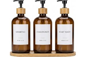 Shampoo och balsam-dispenser, schamposet 3-pack – 600 ml påfyllningsbara PET-duschflaskor med bambu-plastpump, bambubricka, t