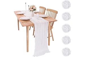 KESFEY 5Packs White Cheesecloth Table Runner 13ft, Boho Gauze Cheese Cloth Table Runner Rustic Sheer Runner 35x157in for Wedding Bridal Baby Shower Birthday Party Cake Table Decorations