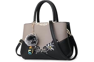 VARLIVOO Handbags for Women Elegant Shoulder Crossbody Bags with Floral Embroidery PU Leather Ladies Top Handle Bag with Pompom Pendant for Work Shopping Travel Office Black