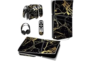 PlayVital Naklejka Akcesoria do ps5 Slim Konsola Zestawy Skórek do ps5 Slim Disc Edition Sticker do ps5 Kontroler&Stacja ładowania&Zestaw Słuchawkowy&Media Remote-Czarno-Złoty Efekt Marmuru