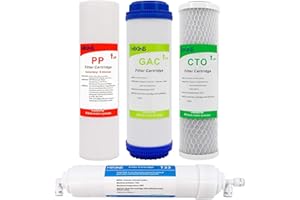 HiKiNS Set di filtri sostitutivi ad osmosi inversa a 5 stadi sedimento PP, GAC granulato attivo, CTO e T33 Post-Carbonio (4 pezzi senza membrana RO) - Standard 10 pollici