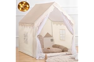 MUHMUH Kids Tent Playhouse with Star Lights and Tote Bags, Kids Play Tent Indoor & Outdoor, Washable Teepee Tent for Boys & Girls, Kids Play House for Toddler, Neutral Color Play Room Furniture (Beige-2)