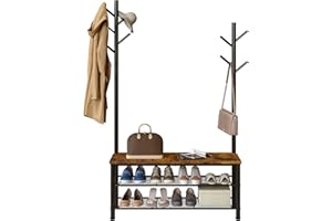 Yusong Shoe Bench with 2 Hall Tree Coat Racks Stand, 35.4" Industrial Entryway Bench 3 Tier Shoe Rack with 9 Hanging Hooks for Hallway Bedroom