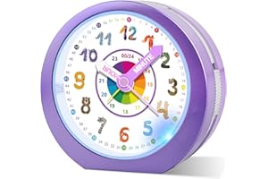 Ayybboo Réveil Enfant Fille Garçon,Horloge Analogique Pédagogique sans Tic-Tac avec Veilleuse et Snooze,Cadeau pour Chambre d'enfant, École, Anniversaire (Pourpre)