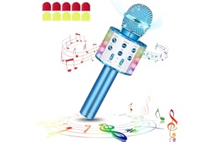 LAQULA Micrófono de Karaoke Inalámbrico Bluetooth Con Luces LED Portátil de Mano Para Cantar Karaoke Máquina de Altavoz Juguetes Regalos Para Niños Adultos (Azul, Con 10 Cubiertas de Micrófono Desechables)