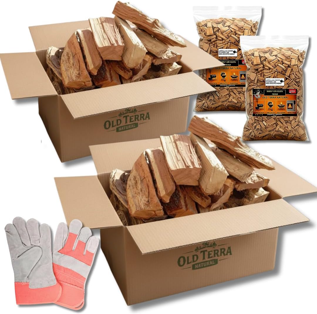 OLD TERRA NATURAL | Kit Leña Premium 10kg para Chimenea, Barbacoa y Horno de Pizza | Troncos seleccionados, Astillas de Frutal y Guantes de Cuero de Calidad