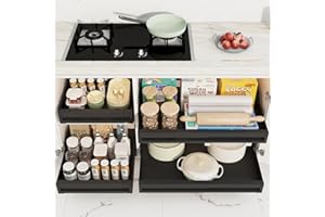 Mointal Organizador de Armario de 2 Piezas, Cajón Deslizante de Cocina Telescópica, Estante Extensible Debajo del Fregadero, Sin Tornillos/Taladros, Ancho Ajustable, Negro