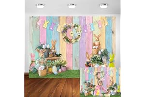 Avezano Spring Easter Backdrop Wooden Wall Easter Garland Holiday Decoration Background Bunny Rabbit Colorful Eggs Grass Backdrops Baby Shower Kids Portrait Party Banner (7x5ft)