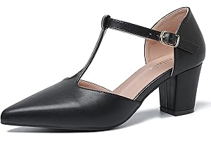 PEIJELY Mary Jane Damen-Schuhe mit T-Riemen, dicker Blockabsatz, spitzer Zehenbereich, Knöchelriemen, Schnalle, Kleid
